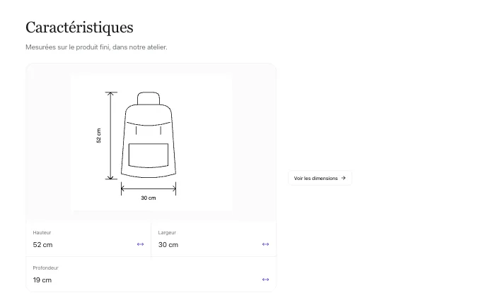 The commerce.ProductDimensions block