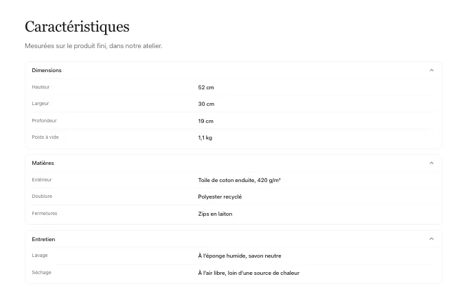 The commerce.ProductSpecs block