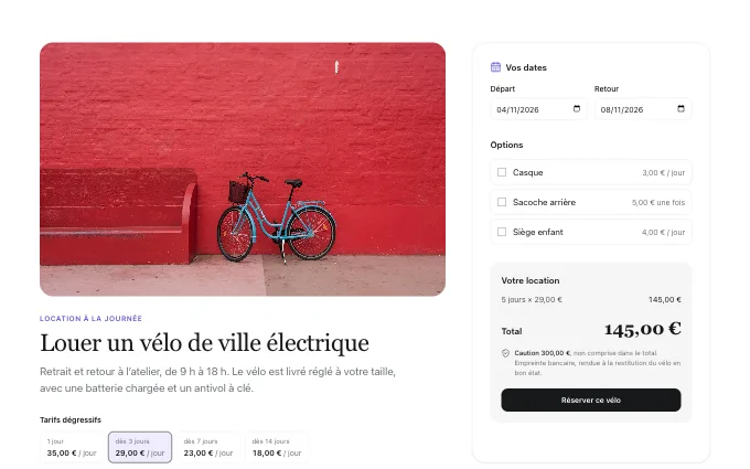 The commerce.RentalBookingCard block